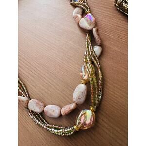 Vintage 30" 14k GE Stone Gold Glass Bead Necklace Statement green mauve Brown
